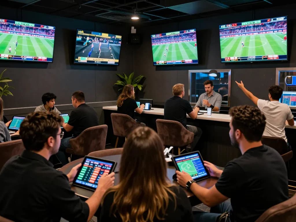 Betting enthusiasts analyze odds at 789Win's vibrant sports betting lounge