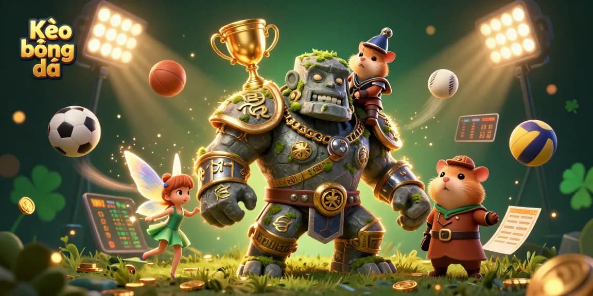 Kèo bóng đá showcases a vibrant 3D animated scene with a magical golem, fairy, and sports elements dynamically exploding in action.