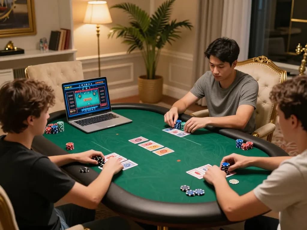 Player engaged in online gambling on 58win using laptop at home, chips and cards on table.