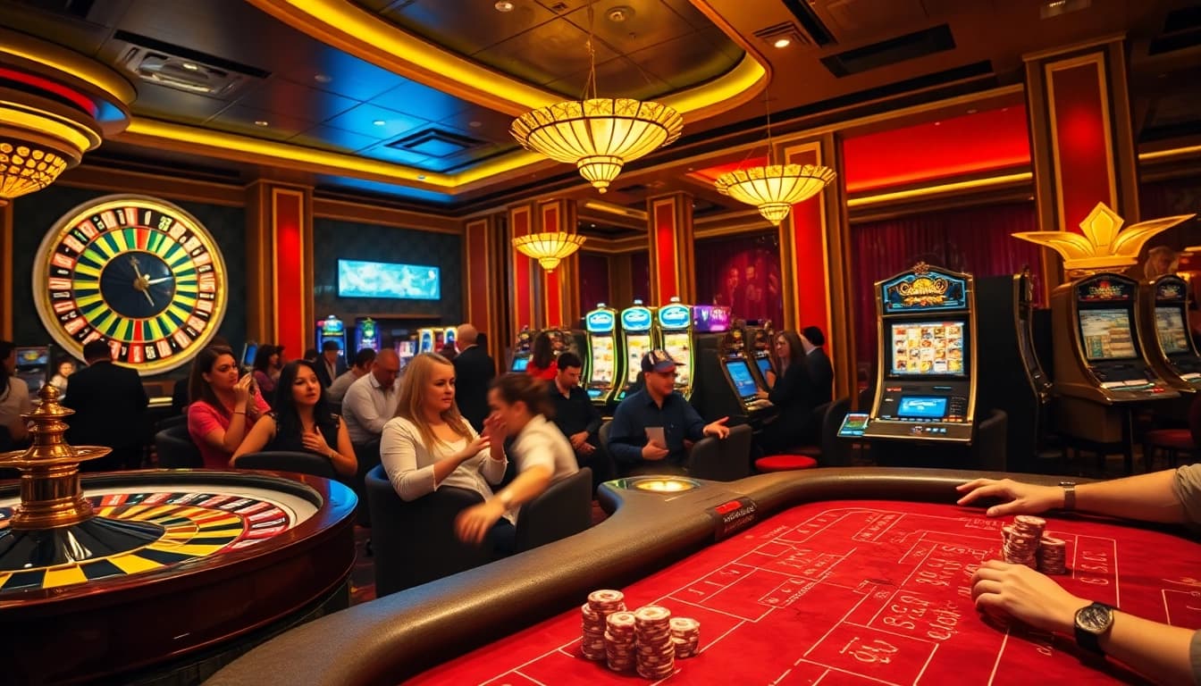 Gamblers enjoying an exciting gaming experience at https://www.sclub88.bet/ casino with roulette, poker, and slot machines.