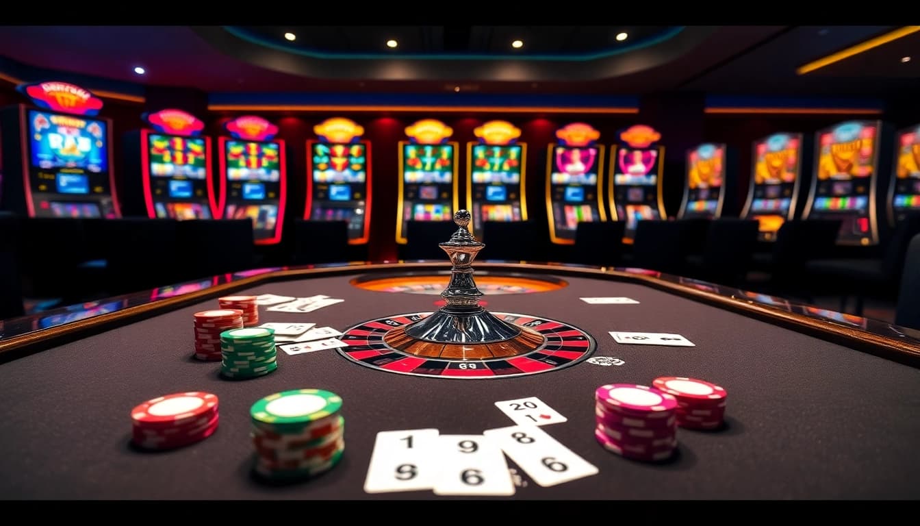 A dynamic casino scene highlighting the excitement of gambling at 79win with colorful poker chips and roulette wheels.