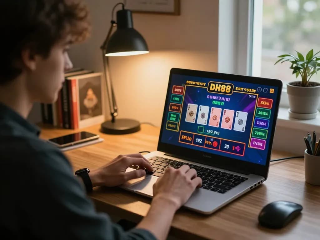 DH88 player engaging with live dealer on laptop in a cozy home gaming setup.