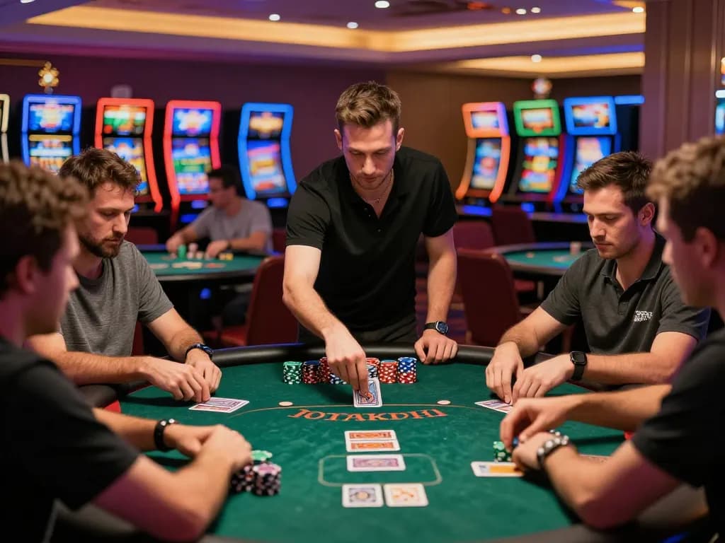 Players at the hitclub poker table, intensely focused on their cards and betting strategy.