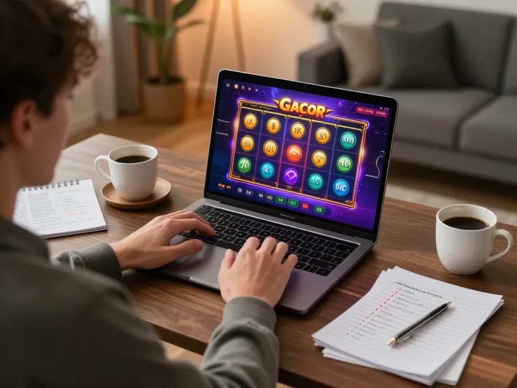 Player engaging with Slot Gacor game on laptop in a cozy home office