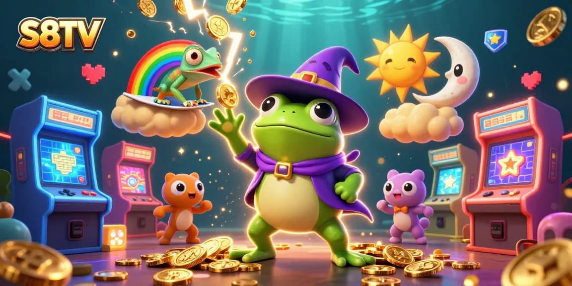 S8TV features an energetic scene with a weather wizard frog and chameleon, creating a storm of golden coins in a vibrant gaming world.