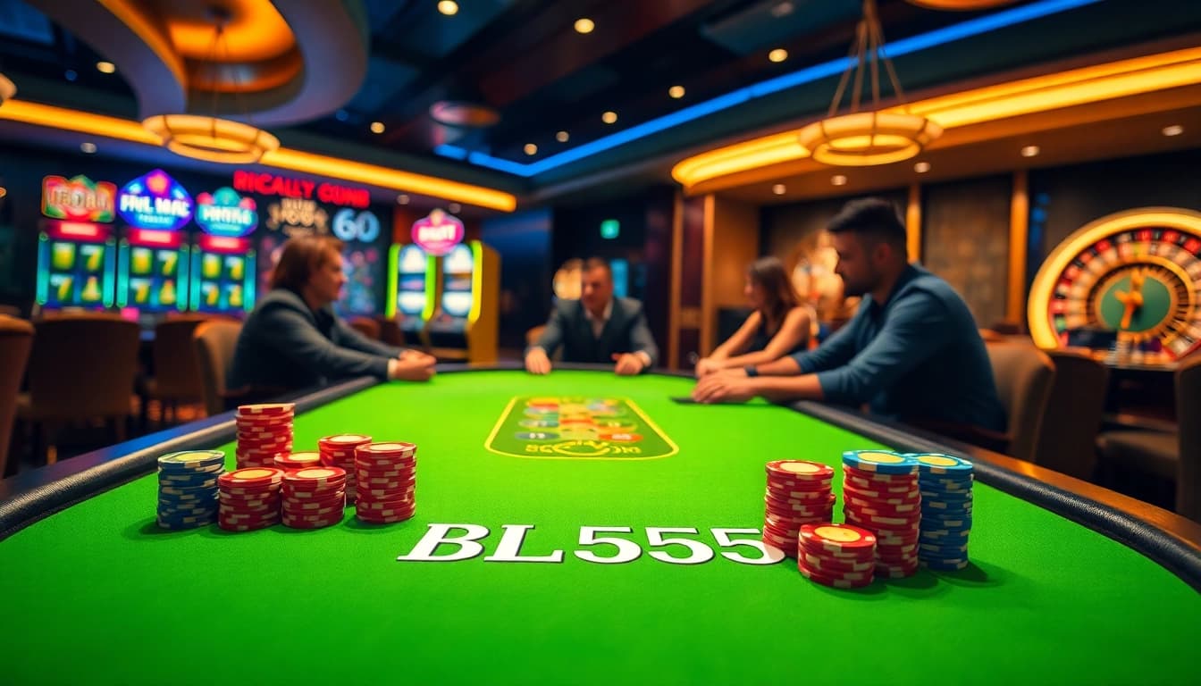 Participe do jogo emocionante no cassino luxuoso da BL555, com mesas de pôquer vibrantes e fichas coloridas.