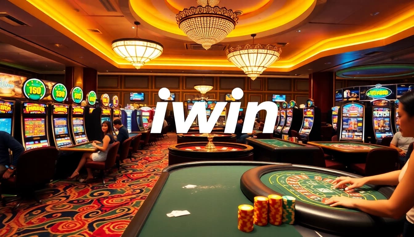 Iwin's vibrant casino scene with players enjoying slot machines and poker games.