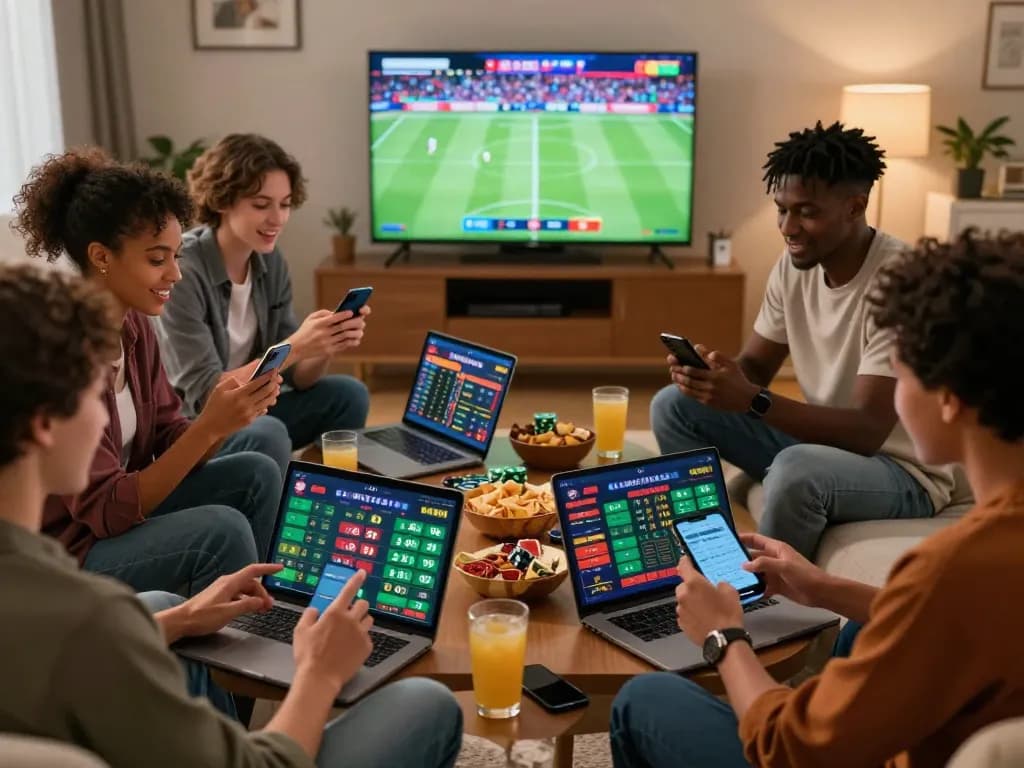 Friends enjoying interactive online betting on rikbet platform in a vibrant living room setting.