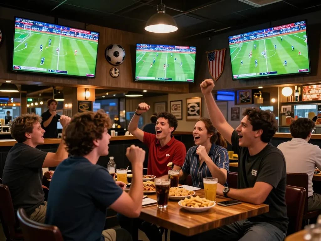 Watch ดูบอล live at a vibrant sports bar with fans enjoying matches together.