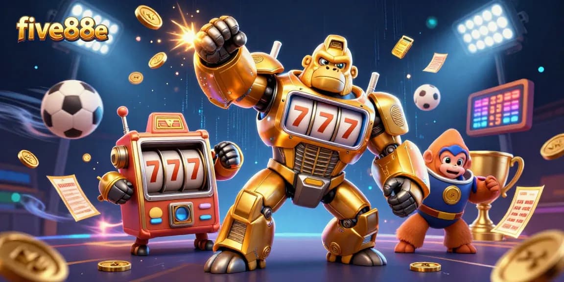 Experience epic wins at five88ae with a golden gorilla mech in a dynamic casino scene.