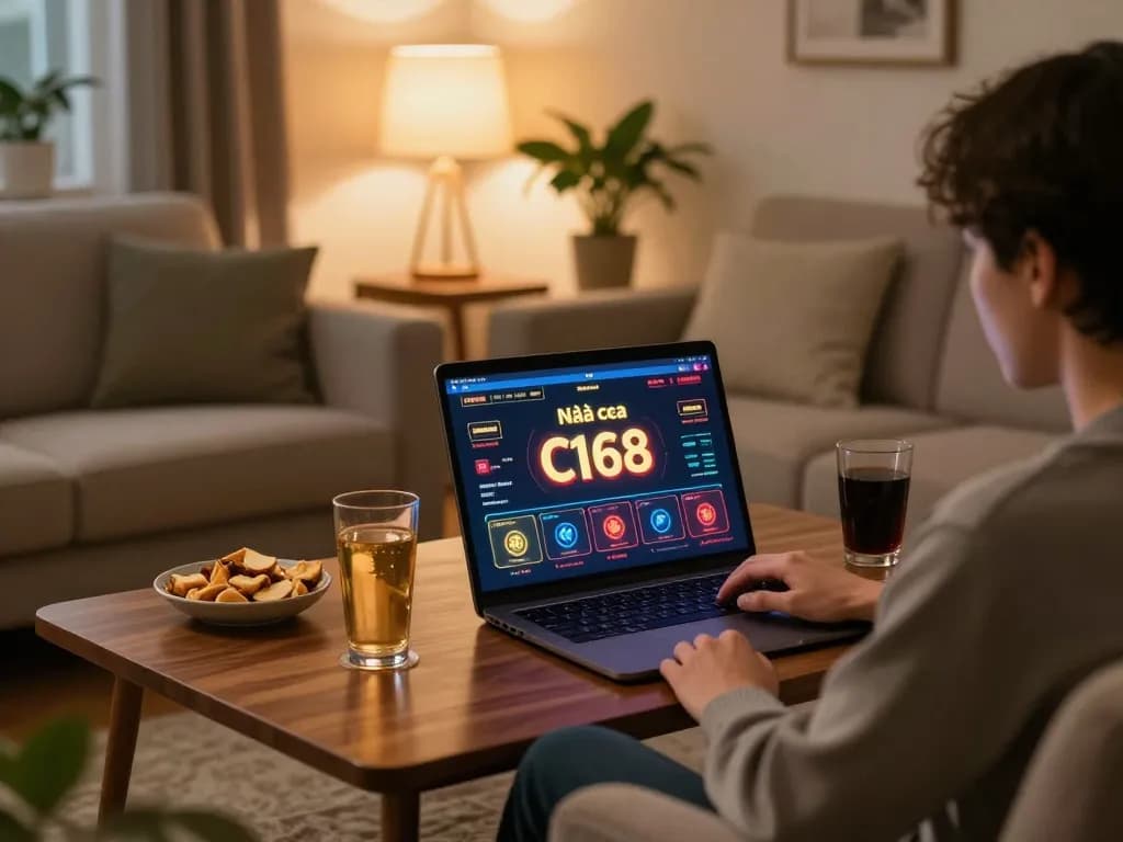 Enjoying online gambling at Nhà cái C168 with a laptop in a cozy living room setting.