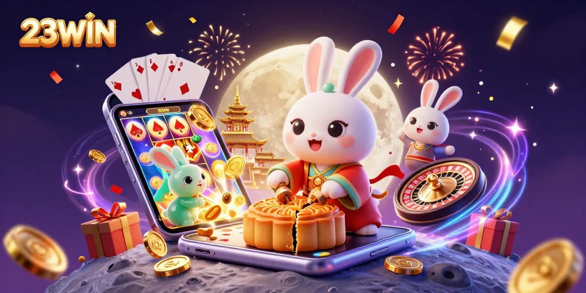 Experience thrilling games with 23WIN as the moon rabbit reveals poker chips amid festive casino elements.