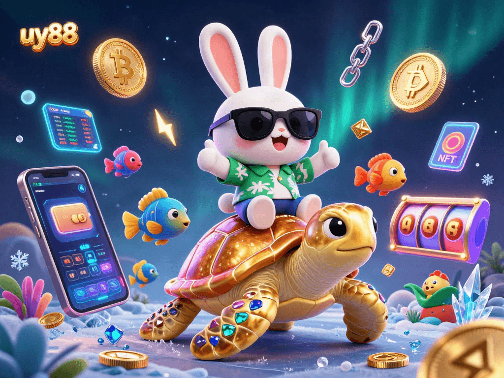 Play exciting games at uy88 with the cute lucky rabbit and golden turtle in a vibrant casino scene.