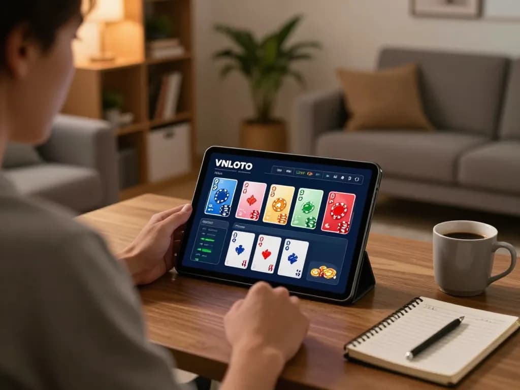 Player enjoying VNLOTO online gaming with tablet in a cozy home setup