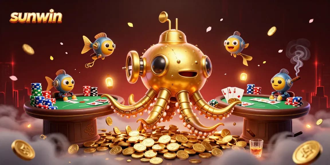 Engage with the sunwin experience featuring a vibrant casino scene with a golden kraken and poker excitement.