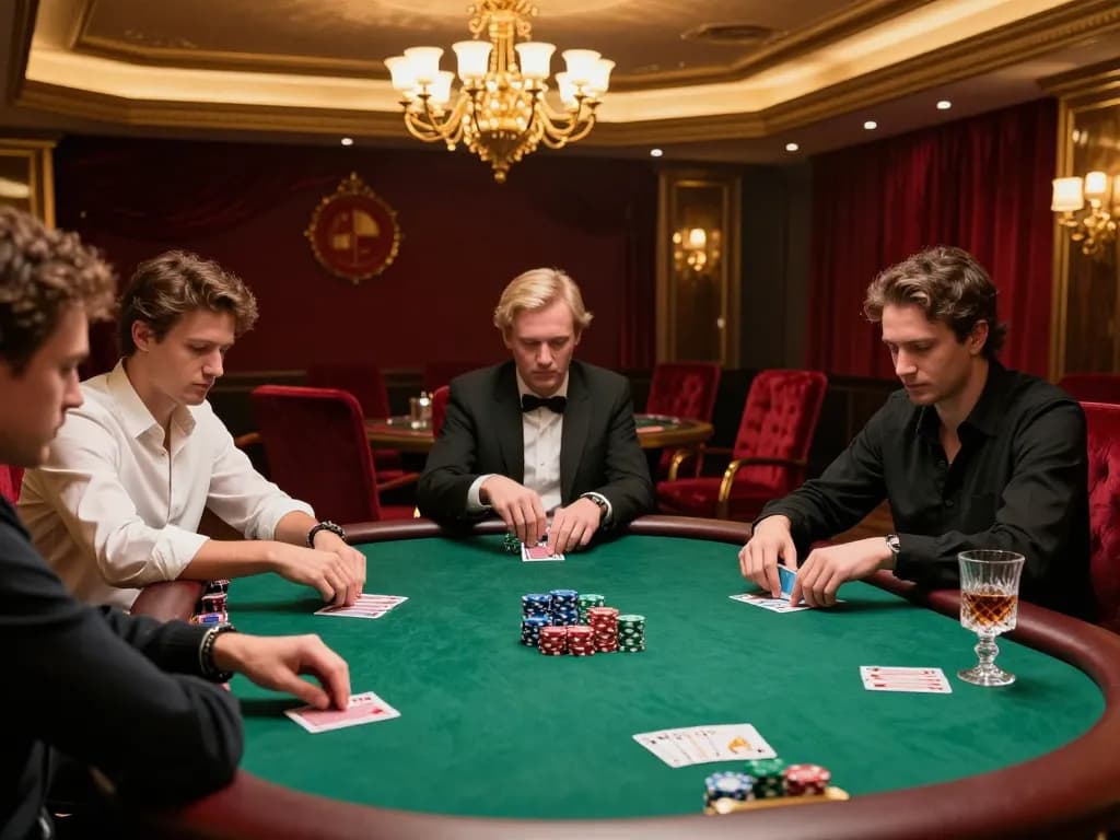 Players engaging in a high-stakes poker game at ok365, surrounded by luxury decor and anticipation