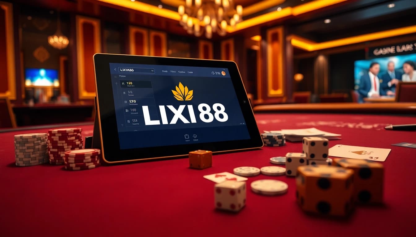 LIXI88 online gaming interface on a luxurious casino table with vibrant chips and cards.