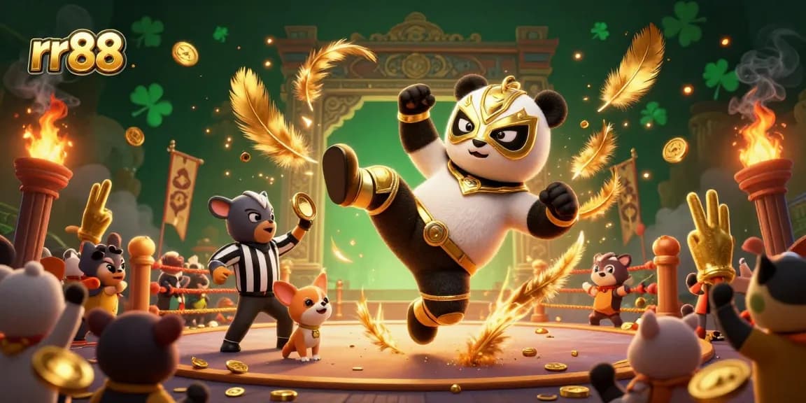 Experience thrilling action at rr88 with a 3D panda wrestler performing a flying kick in a vibrant casino arena.