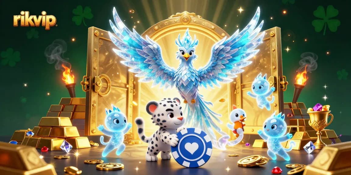 Engage with rikvip's exciting casino landscape featuring a vibrant ice phoenix, poker elements, and dazzling gems.