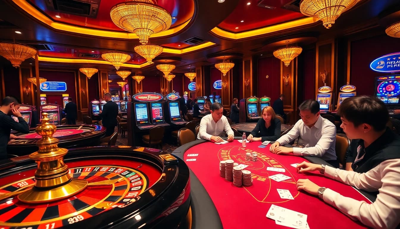Gambling scene showcasing tỷ lệ nhà cái with players at casino tables, colorful slot machines, and a roulette wheel.