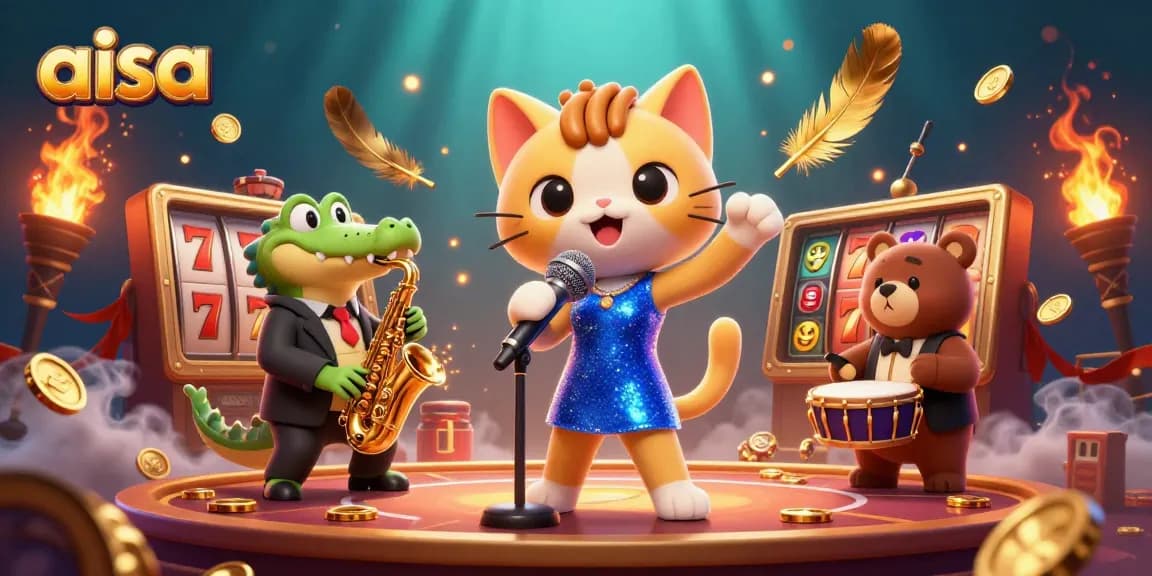 Jazz-singer cat performs on stage at the aisa casino, surrounded by dynamic casino elements and vibrant characters.