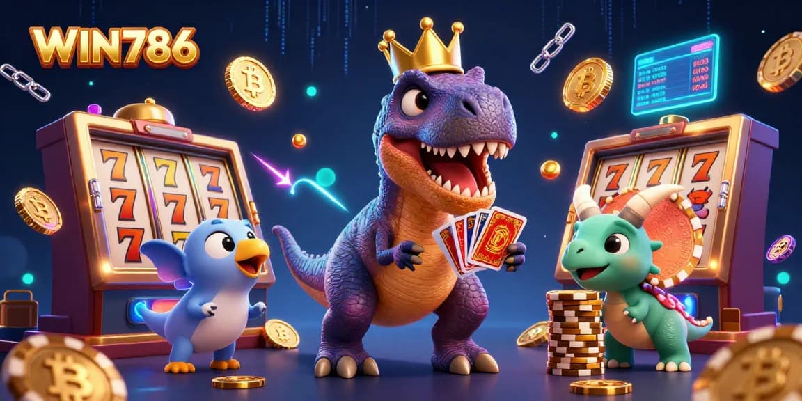 WIN786 promotes excitement as dinosaurs engage in thrilling card games and lively chip stacking amid vibrant casino elements.