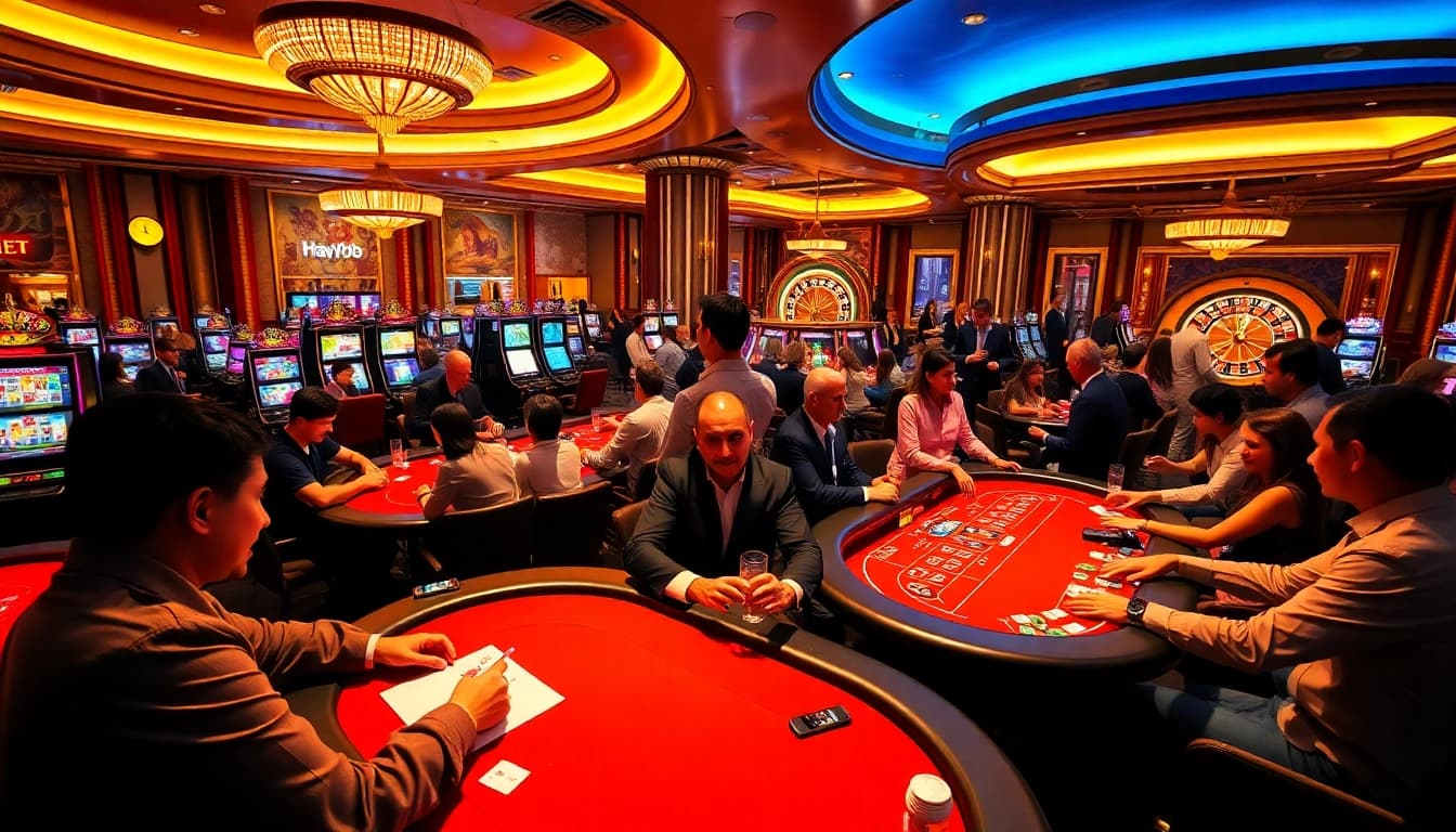 Engaged players at Hay88 casino tables enjoying exciting games of poker and slots.