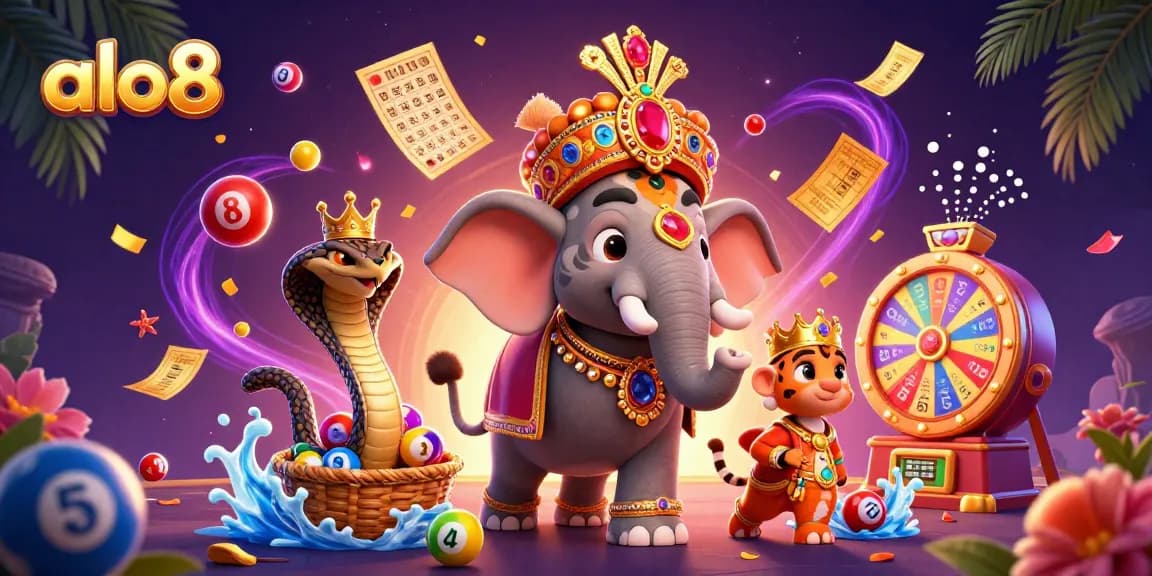 Experience captivating gaming with alo8 through vibrant lottery elements and thrilling 3D characters in an ornate casino scene.