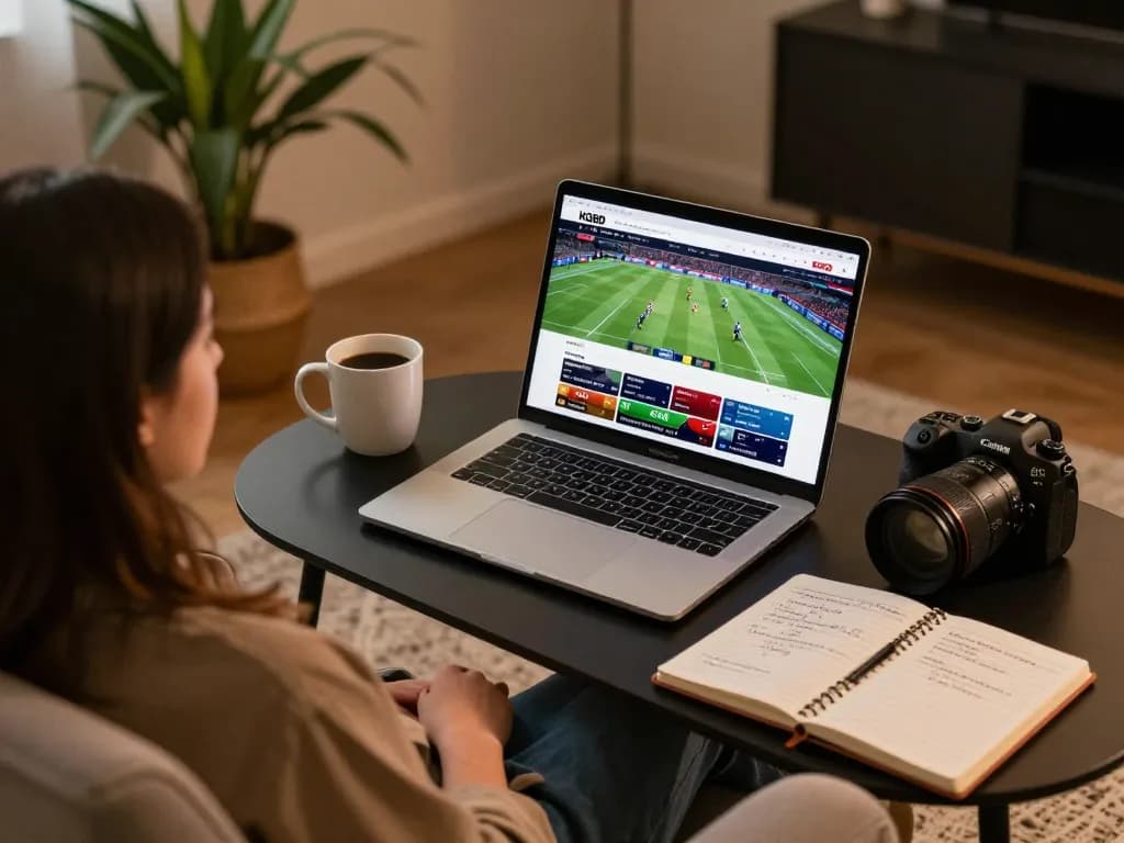 KQBD sports betting session with warm setting and focused user interacting with laptop.