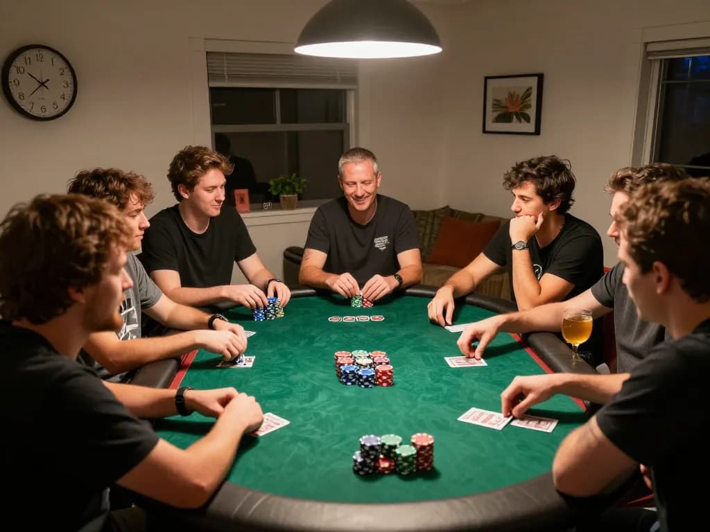 Winwin home poker game scene with players strategizing over colorful chips and cards