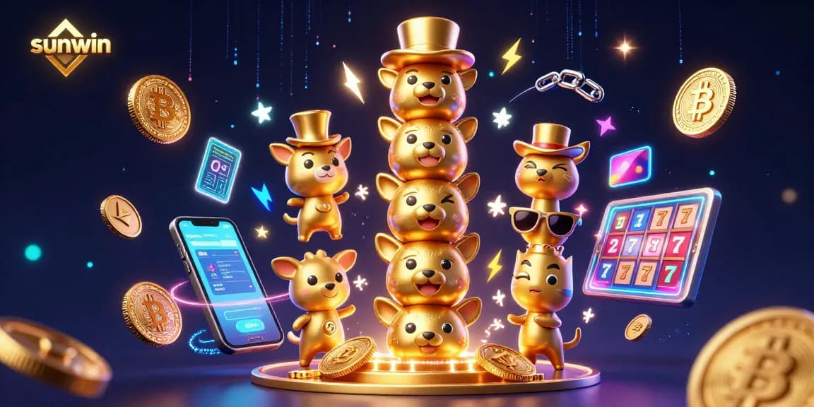 Engage with sunwin in a vibrant casino scene featuring a totem pole, bitcoin coins, and neon effects.
