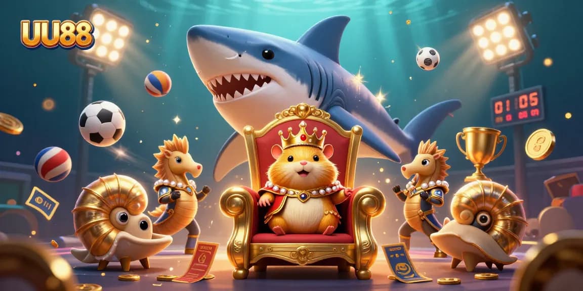 Experience the excitement of UU88 with a vibrant 3D casino scene showcasing a golden hamster king and dynamic game elements.