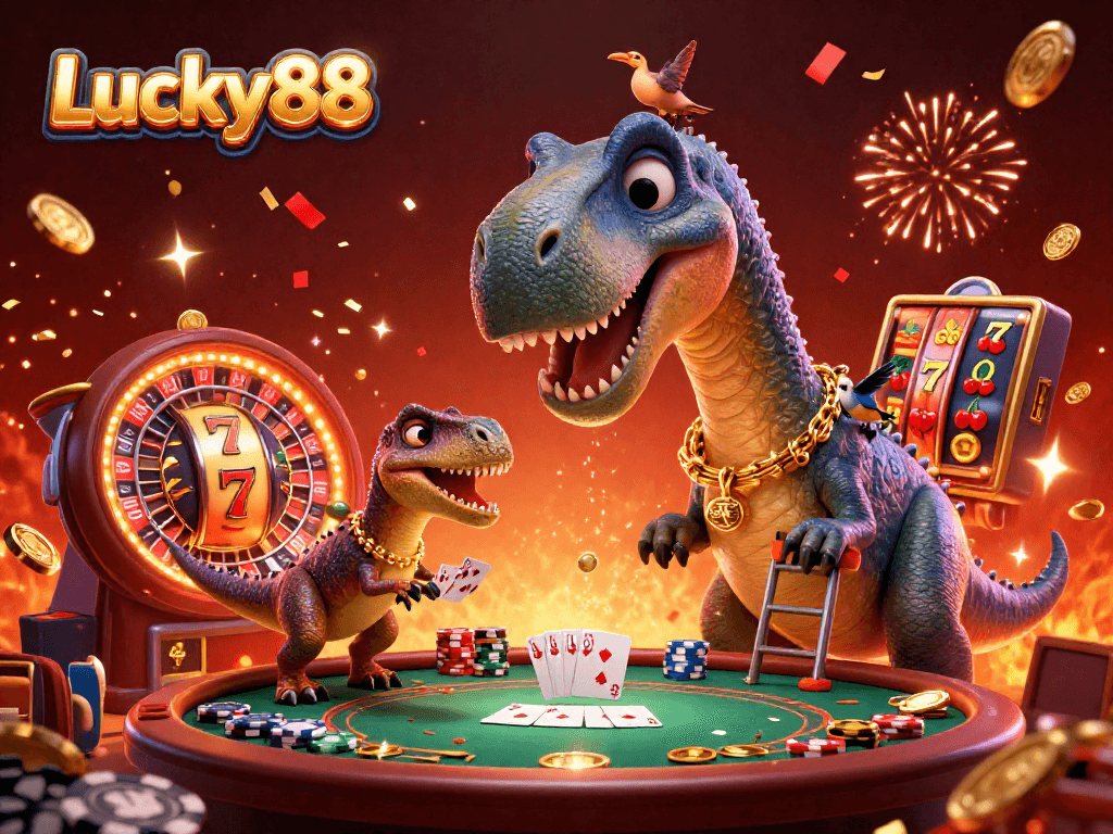 Experience the excitement of Lucky88 with a lively 3D casino scene filled with vibrant action.