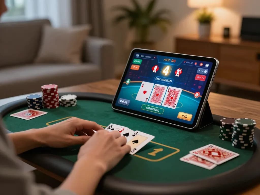 Engaging in online poker strategy with five88so on a tablet in a cozy living room setting.