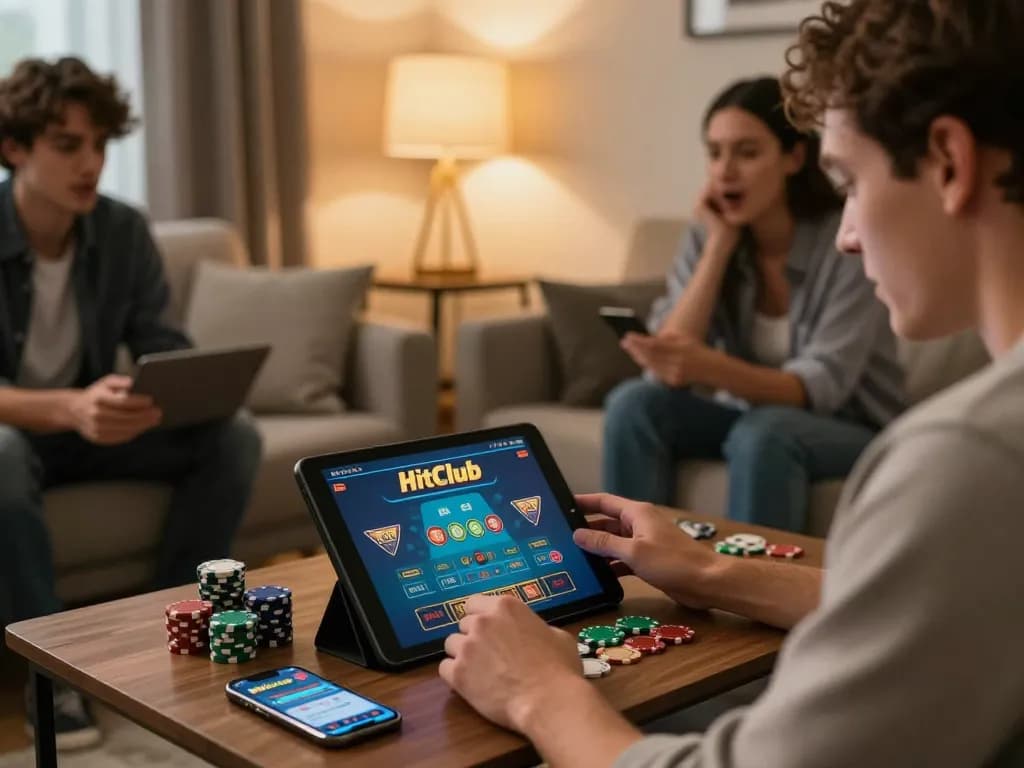 Players using Hitclub app for live dealer games in a cozy home setting