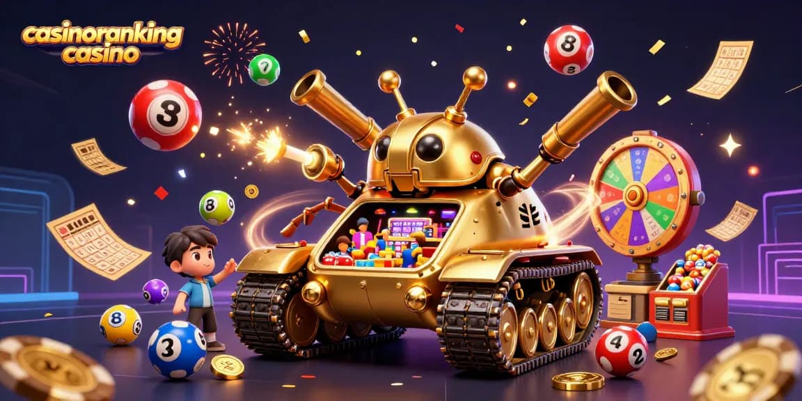 Experience vibrant action at casinoranking casino with a golden beetle tank bursting with confetti and colorful lottery balls.