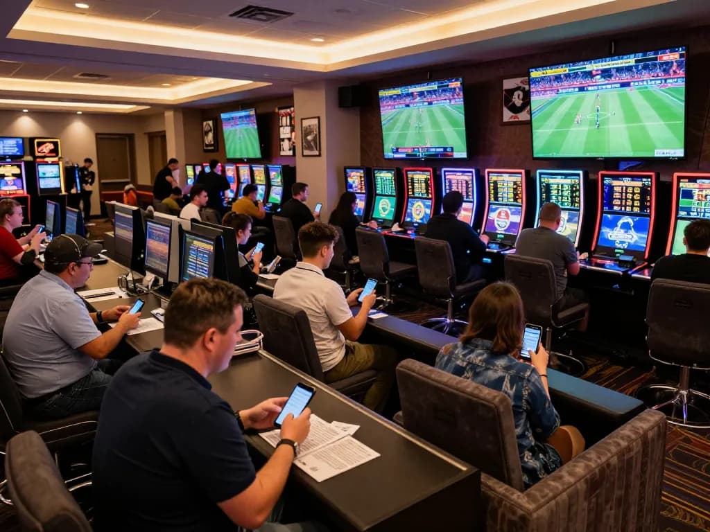 Kèo nhà cái displayed on various screens in a lively sports betting lounge, showcasing betting activity and excitement.