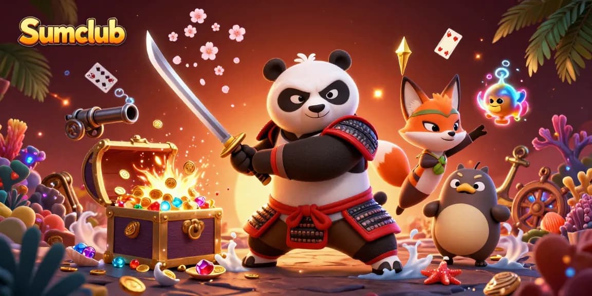 Engage in thrilling gameplay at Sumclub, featuring samurai panda and ninja fox amidst vivid casino elements.