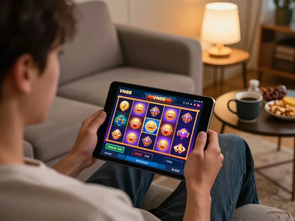 Engaged player enjoying VN88 casino app on tablet in a cozy home setting, highlighting online gambling.