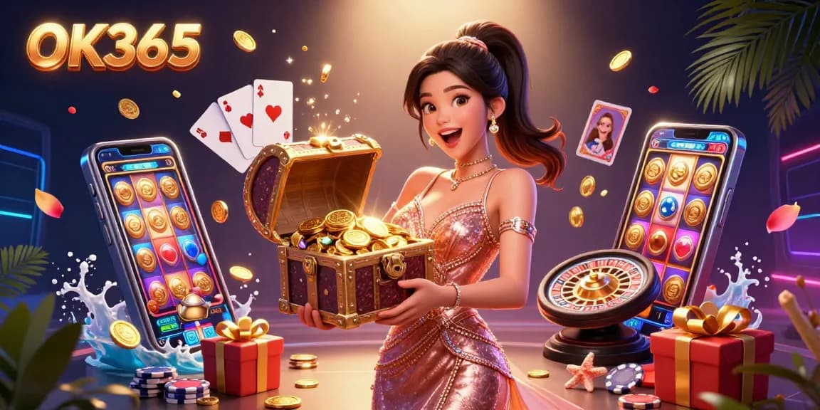 Experience the excitement of OK365 with vibrant casino elements, dynamic treasure imagery, and rich rewards.