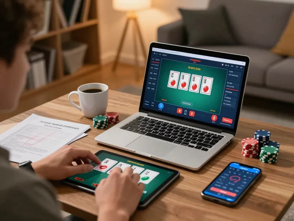Engaging 3win player strategizing their online poker game in a cozy home setup.