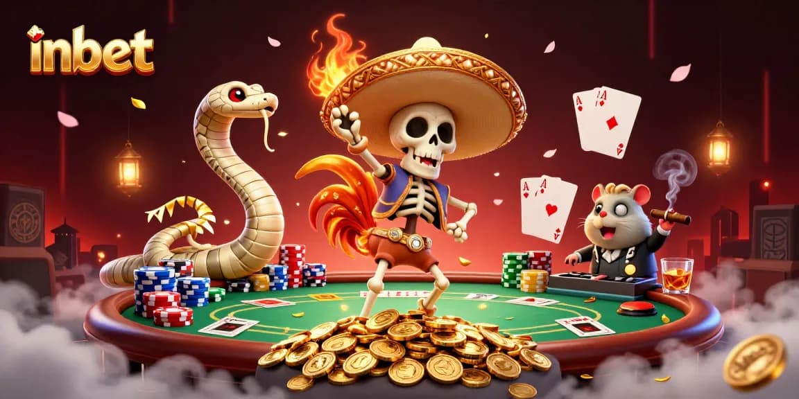 Experience thrilling wins with Inbet gaming featuring vibrant characters celebrating around a dynamic poker scene.