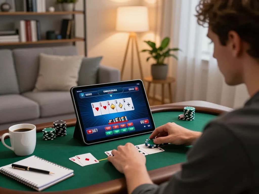 Player enjoying online poker on the go8 platform from a cozy living room setting