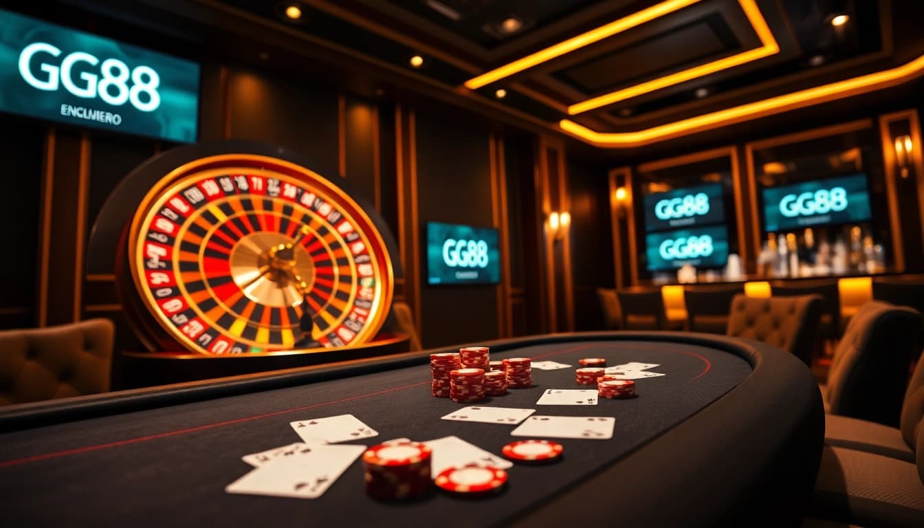 Gamblers enjoying a luxurious GG88 online casino experience at a sleek gaming table
