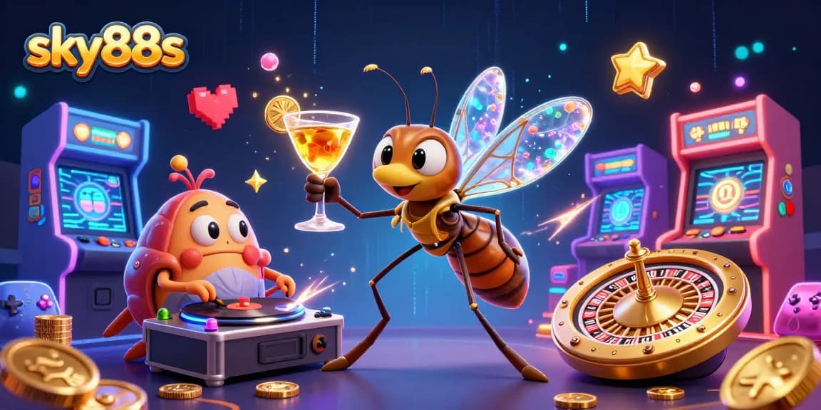 Experience vibrant gaming excitement with sky88s at a bustling casino adorned with characters and gaming machines.