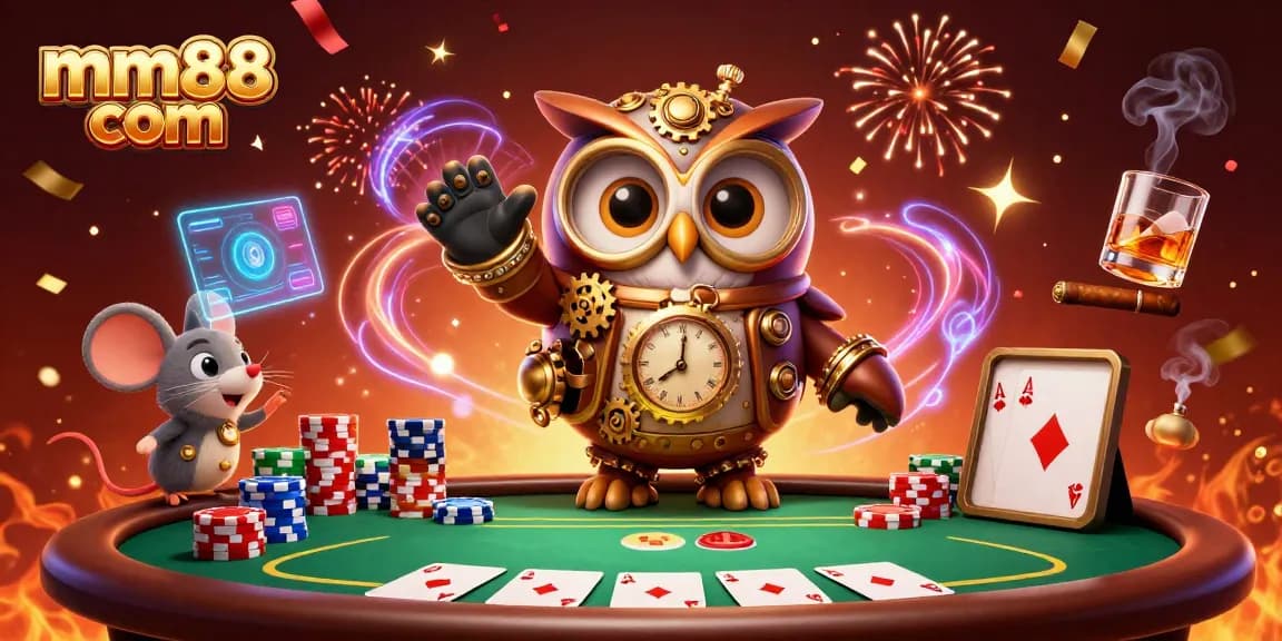 Engage with exciting games at mm88 com featuring a whimsical owl and dynamic casino elements.
