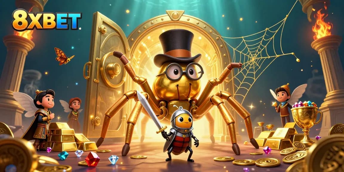 Engage in the golden world of 8XBET, where a brave beetle knight encounters a majestic tarantula amidst riches.