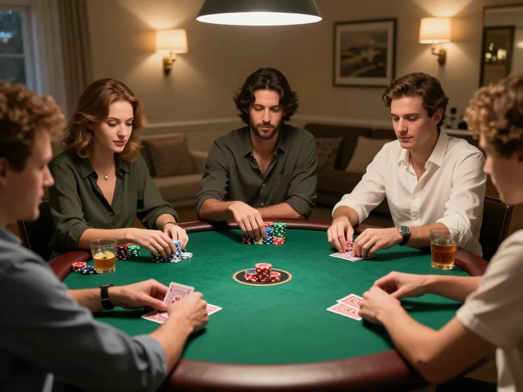 Players enjoy a spirited poker game at home, showcasing LV88's vibrant gaming community.