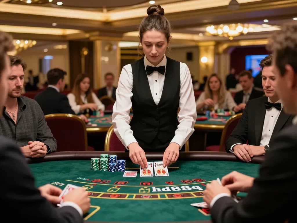 Players experiencing live blackjack at hd88qq with an engaging dealer, showcasing strategic gameplay.