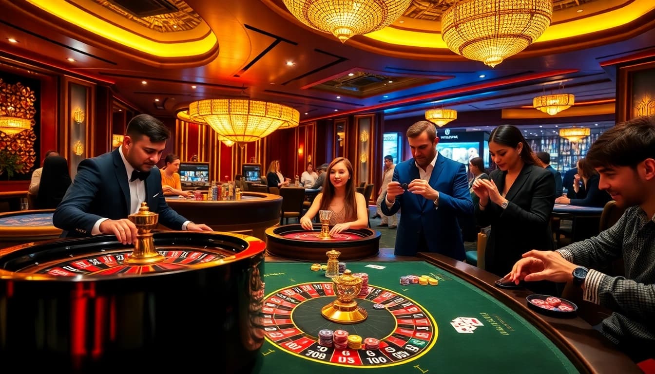 Players enjoying a thrilling game at the NK88 casino table, surrounded by vibrant colors and excitement.